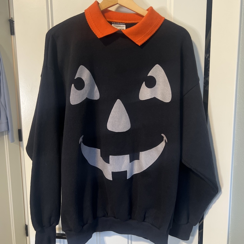 Vintage Halloween Pumpkin Sweatshirt Jack O'Lantern‎ Black w/ Orange Collar XL